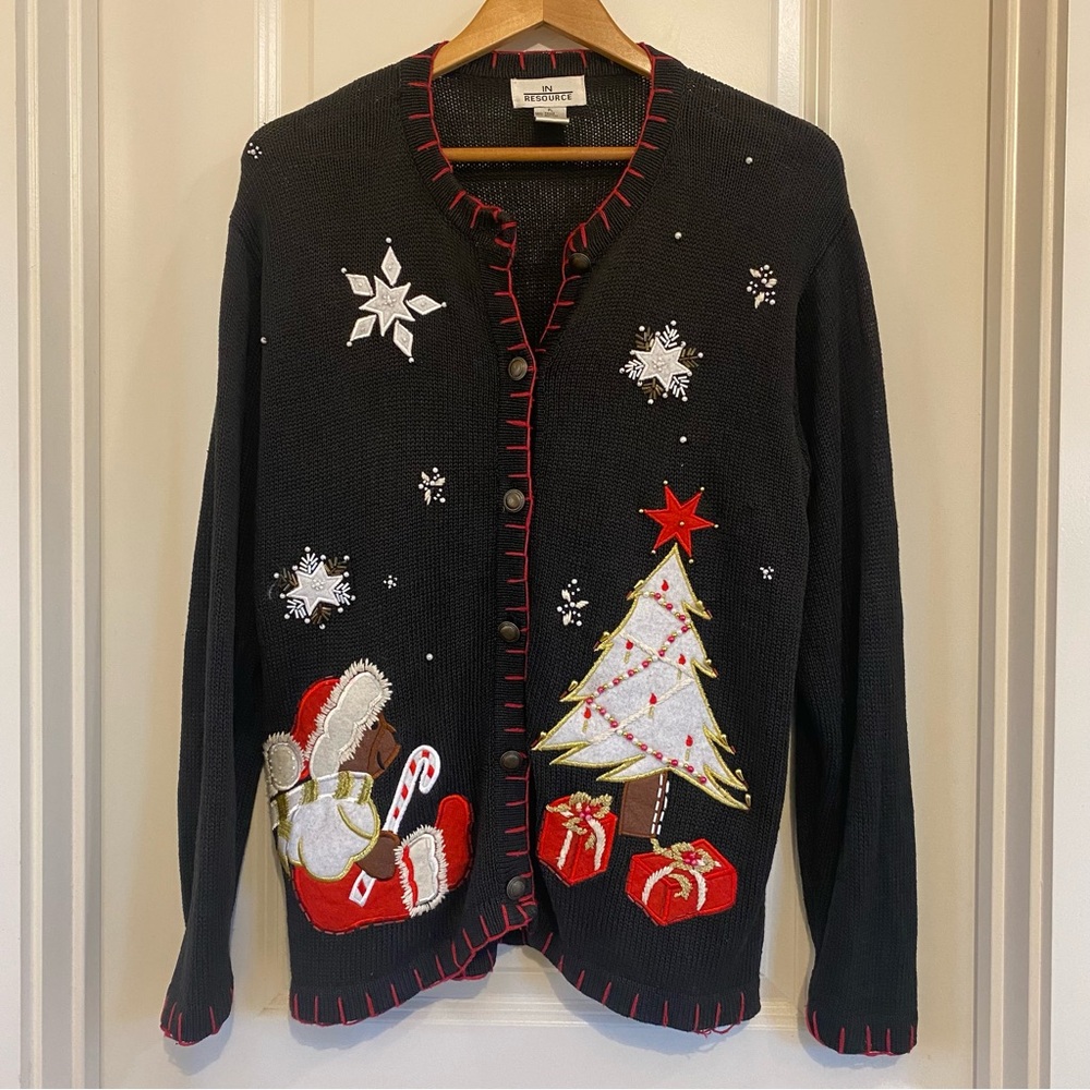 VTG In Resource Festive Black button down Cardigan Holiday Motifs large petite